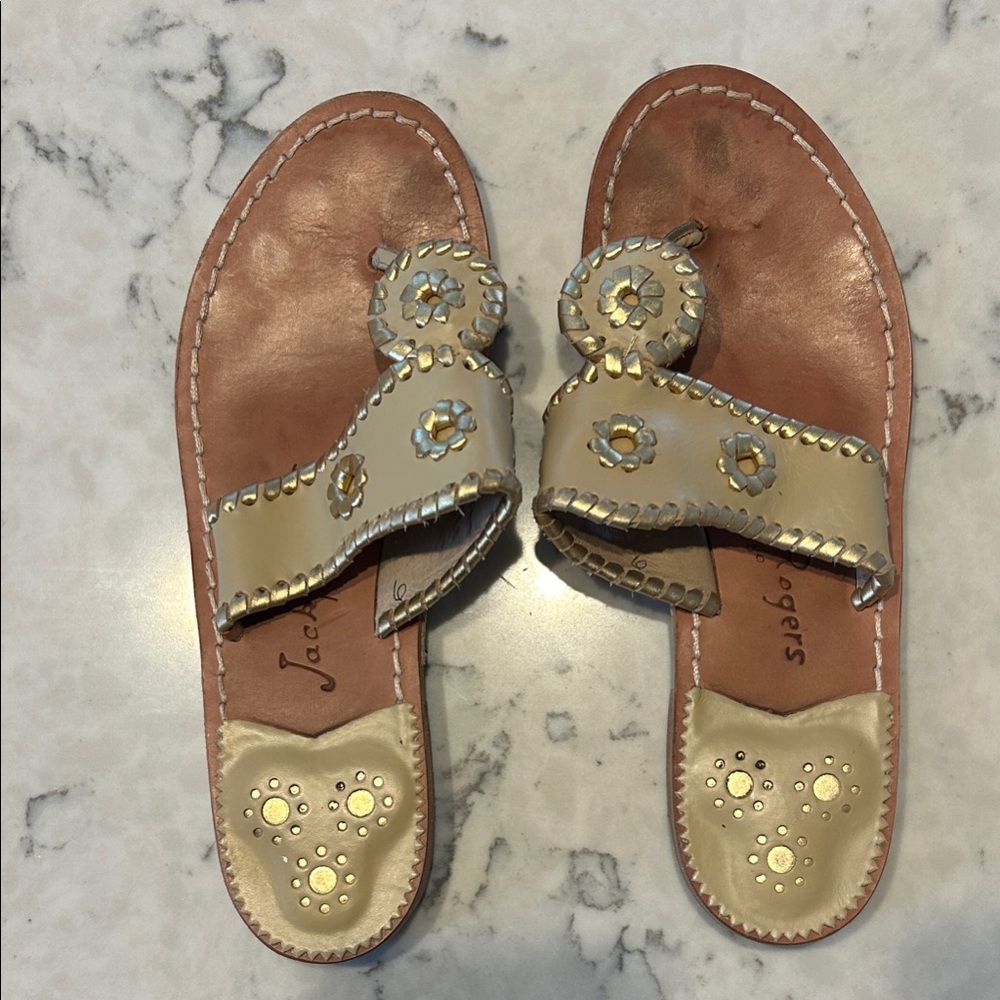 Jack Rogers Women’s Tan Leather Sandals with Gold Accents
